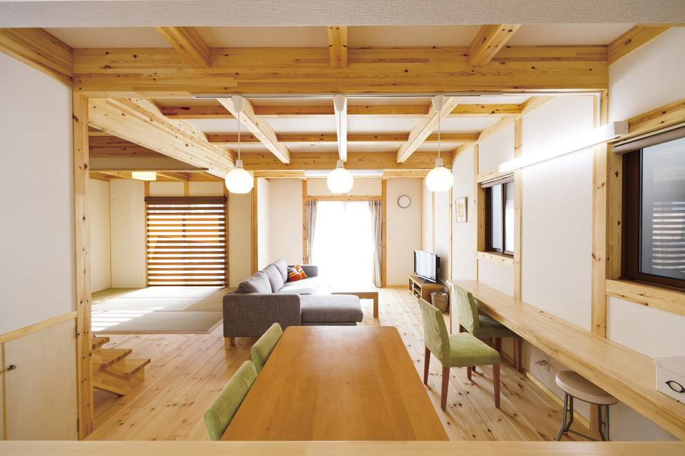 Ejemplo de salón abierto de estilo zen con paredes blancas, suelo de madera clara, televisor independiente, suelo beige y vigas vistas