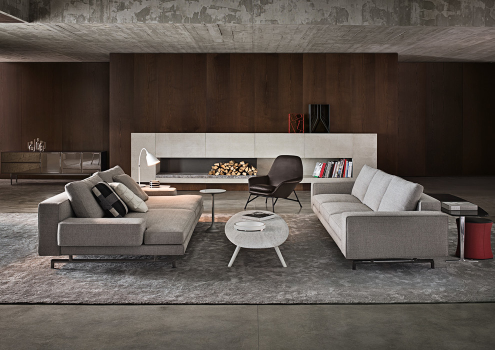 Photo of a contemporary living room in Tokyo with brown walls, carpet, a ribbon fireplace and a tiled fireplace surround.