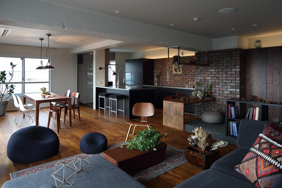 Photo of a medium sized world-inspired open plan living room in Tokyo Suburbs with white walls, dark hardwood flooring and no fireplace.