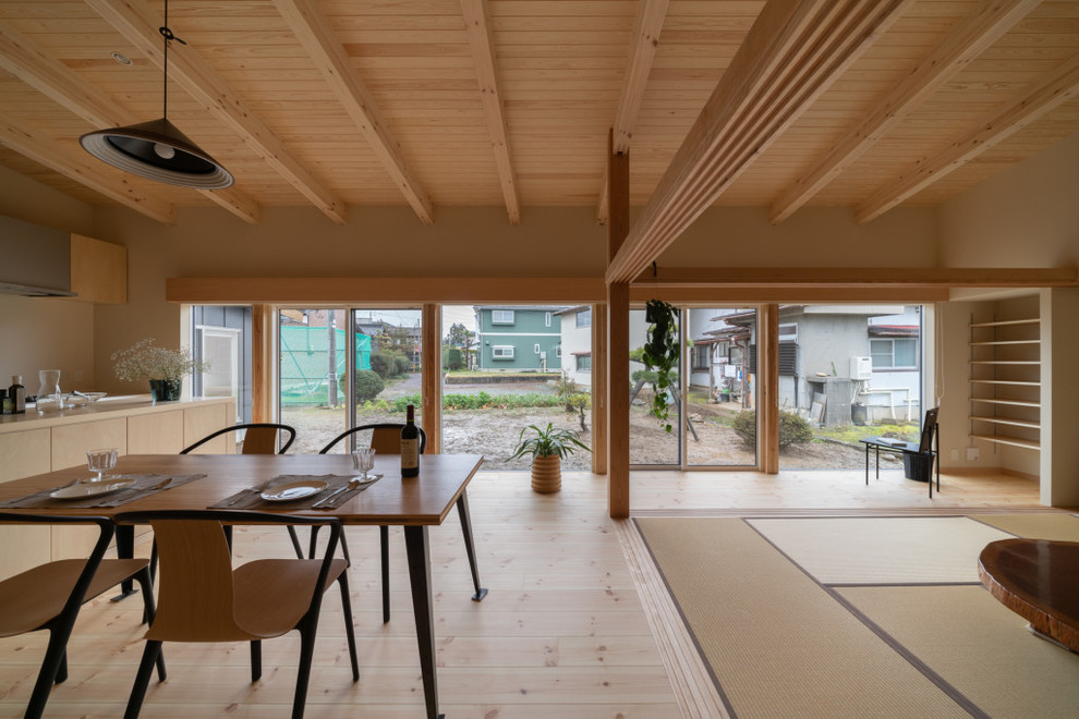 Foto de salón abierto asiático sin chimenea con paredes beige, suelo de madera clara y suelo beige