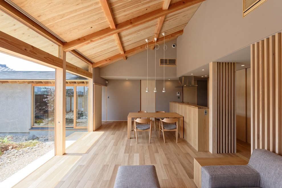 Diseño de comedor de estilo zen con paredes blancas, suelo de madera clara y suelo marrón