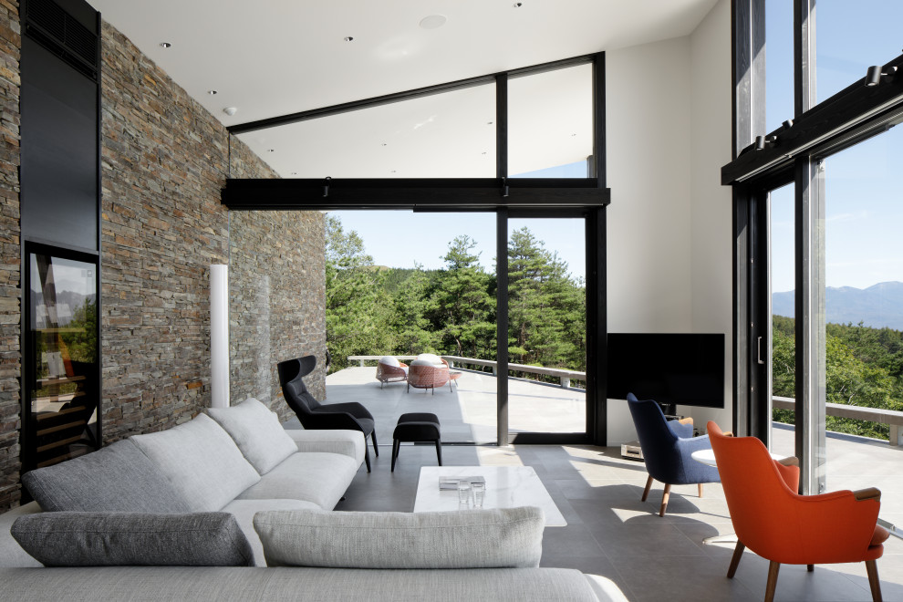 Modernes Wohnzimmer mit weißer Wandfarbe, freistehendem TV und grauem Boden in Sonstige
