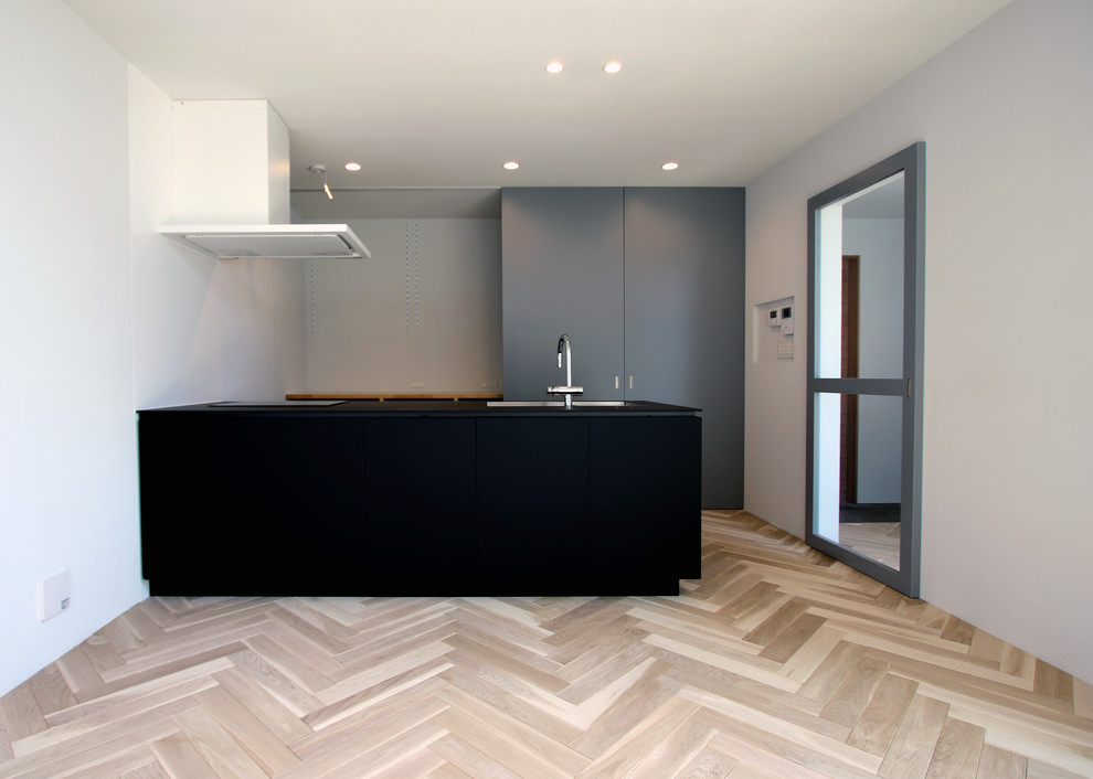 Moderne Küche mit braunem Holzboden und beigem Boden in Sonstige