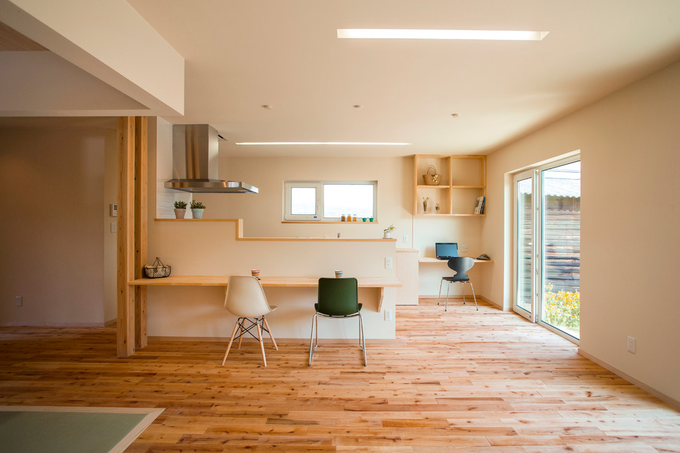 Foto på ett skandinaviskt vardagsrum, med beige väggar och ljust trägolv
