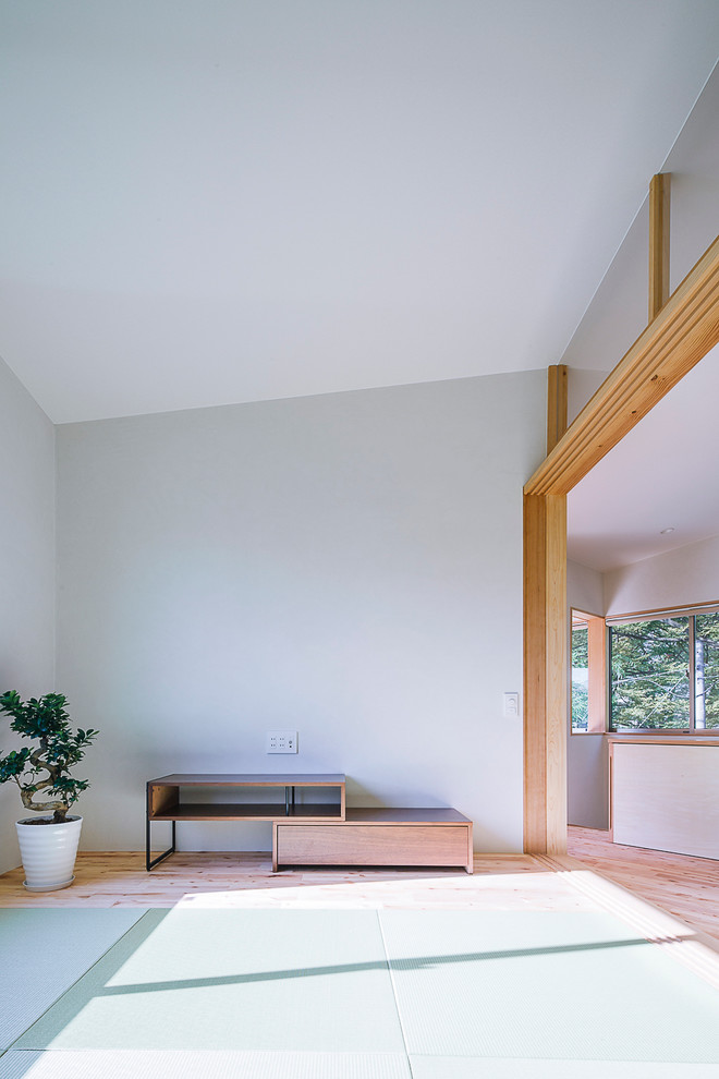 Offenes Wohnzimmer mit weißer Wandfarbe, Tatami-Boden, freistehendem TV und grünem Boden in Osaka