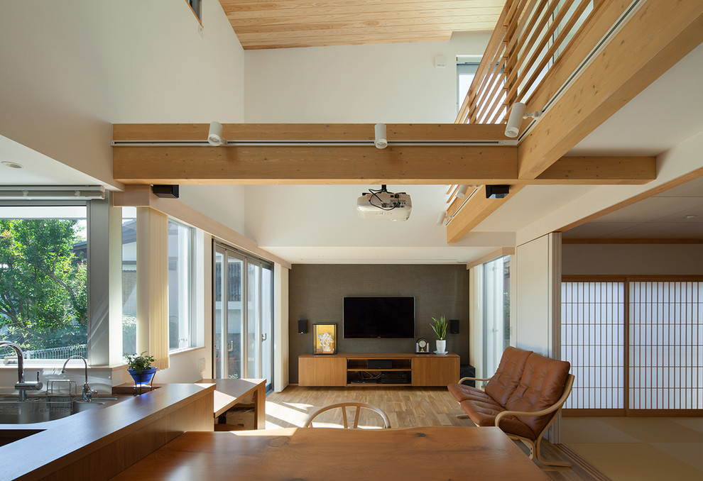 Imagen de salón de estilo zen sin chimenea con paredes blancas, suelo de madera clara y televisor colgado en la pared