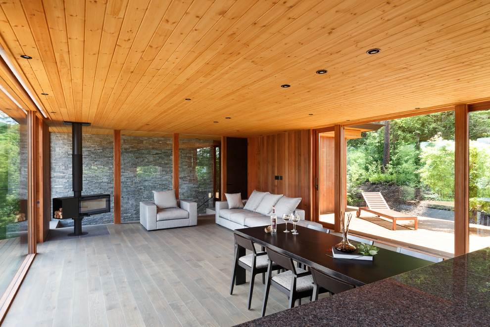 Foto di un soggiorno minimal con pareti marroni, pavimento in legno verniciato e pavimento grigio