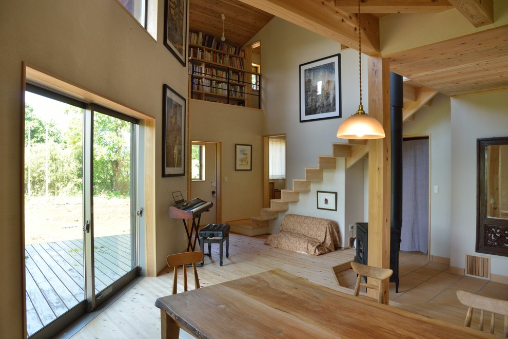 Inspiration pour un salon minimaliste ouvert avec un mur blanc, un sol en bois brun, un poêle à bois, un manteau de cheminée en carrelage et un sol beige.
