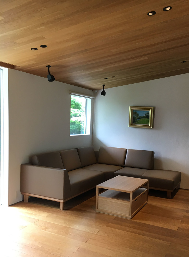 Пример оригинального дизайна: гостиная комната с паркетным полом среднего тона и коричневым полом без камина
