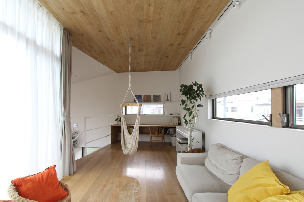 Inspiration för ett skandinaviskt vardagsrum, med vita väggar, ljust trägolv och beiget golv