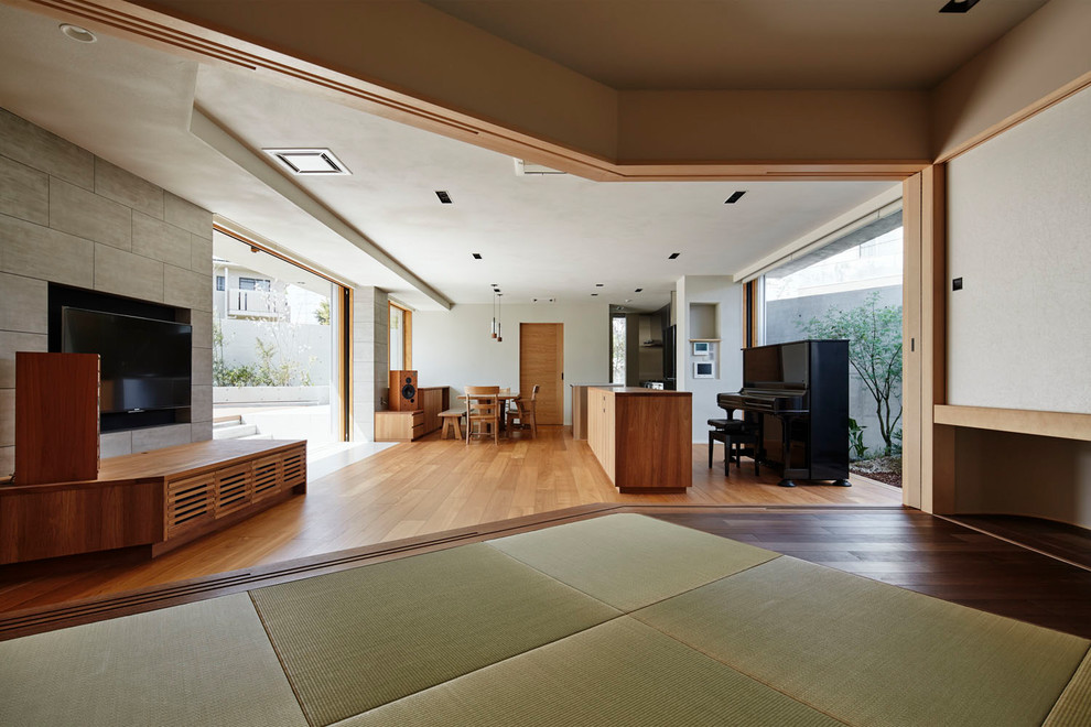 Idée de décoration pour un salon asiatique ouvert avec un mur multicolore, un sol de tatami, un téléviseur fixé au mur et un sol vert.