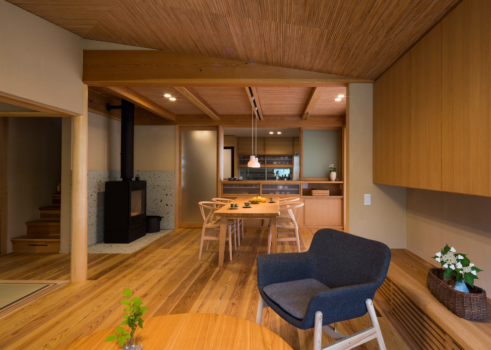 Cette photo montre un salon asiatique de taille moyenne et ouvert avec un mur beige, un sol en bois brun et un sol marron.