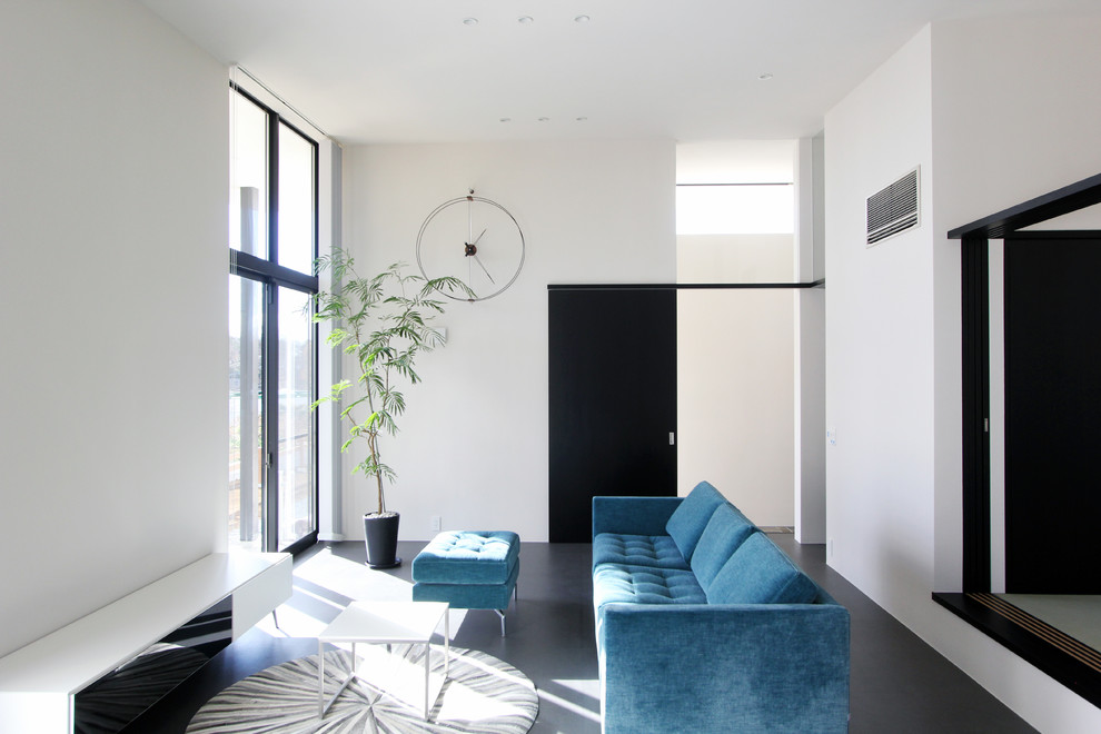 Foto di un soggiorno moderno con pareti bianche, TV autoportante e pavimento nero