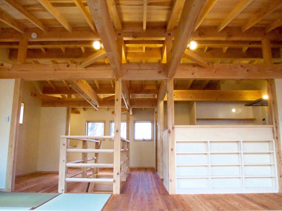 Cette image montre un salon chalet de taille moyenne et ouvert avec un mur beige, parquet foncé, aucune cheminée, un téléviseur indépendant et un sol rouge.