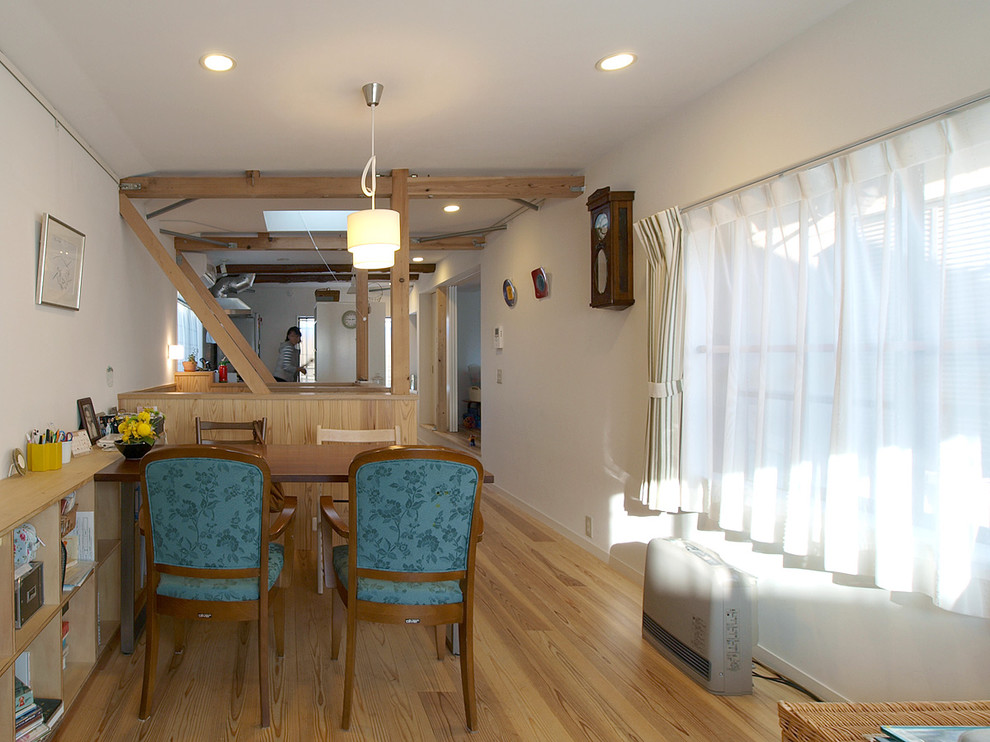 Skandinavisches Wohnzimmer mit weißer Wandfarbe, hellem Holzboden und beigem Boden in Tokio