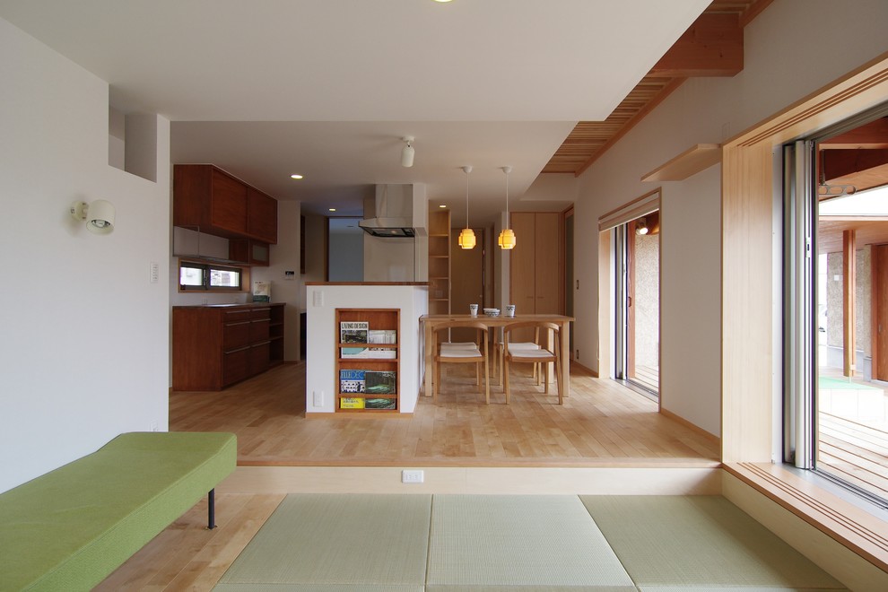 Пример оригинального дизайна: открытая гостиная комната в стиле модернизм с белыми стенами, светлым паркетным полом и отдельно стоящим телевизором