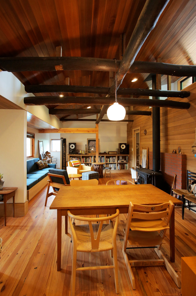 Photo of a living room in Tokyo Suburbs with brown walls, a wood burning stove, a brick fireplace surround, brown floors, a wood ceiling and wood walls.