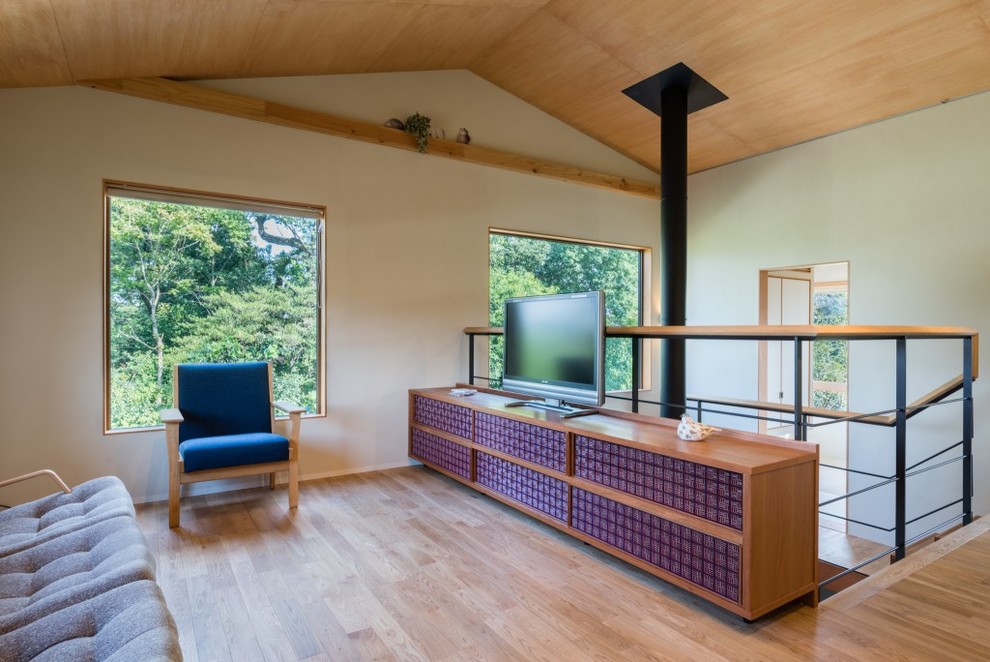 Imagen de salón de estilo zen con paredes blancas, suelo de madera en tonos medios, televisor independiente, suelo marrón y chimeneas suspendidas