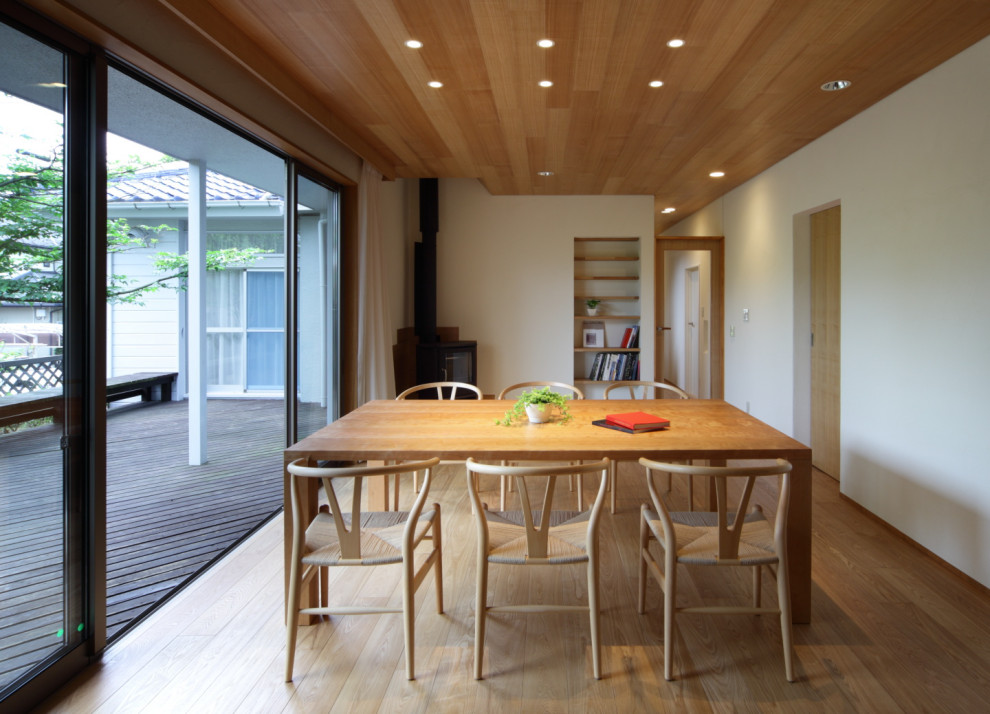 Idée de décoration pour une salle à manger minimaliste de taille moyenne avec un mur blanc, un sol en bois brun, un poêle à bois, un manteau de cheminée en carrelage, un sol beige et un plafond en bois.