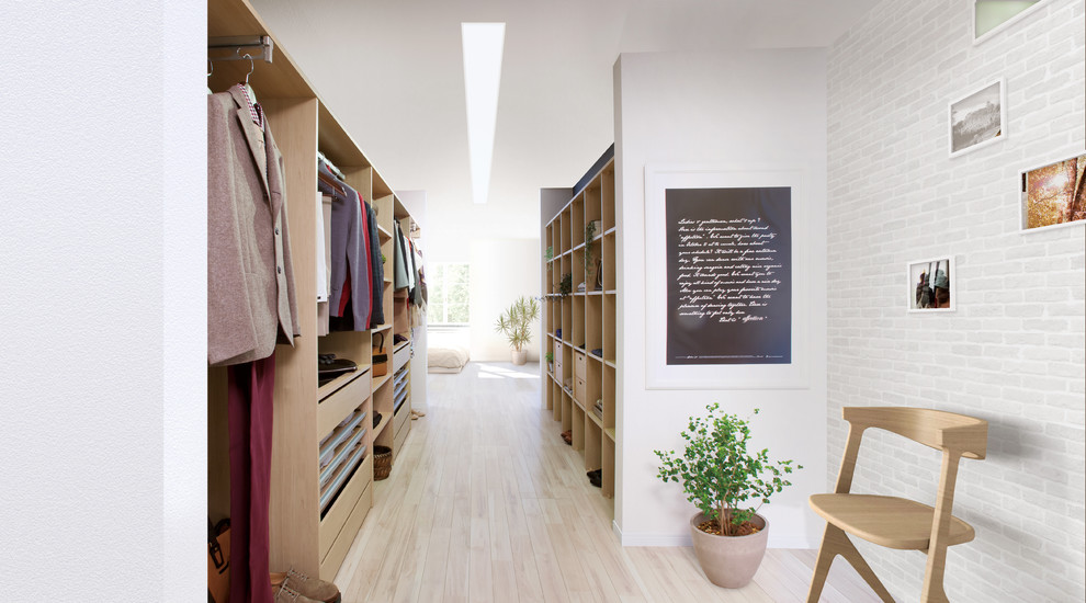 Design ideas for a modern walk-in wardrobe in Other with light wood cabinets, open cabinets and light hardwood flooring.