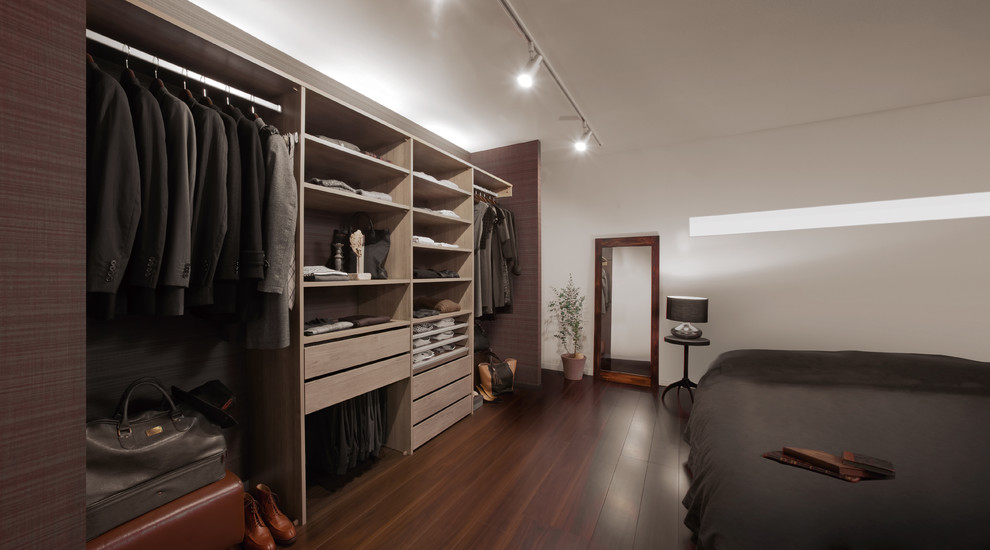 Immagine di armadi e cabine armadio unisex minimalisti con nessun'anta e ante in legno scuro