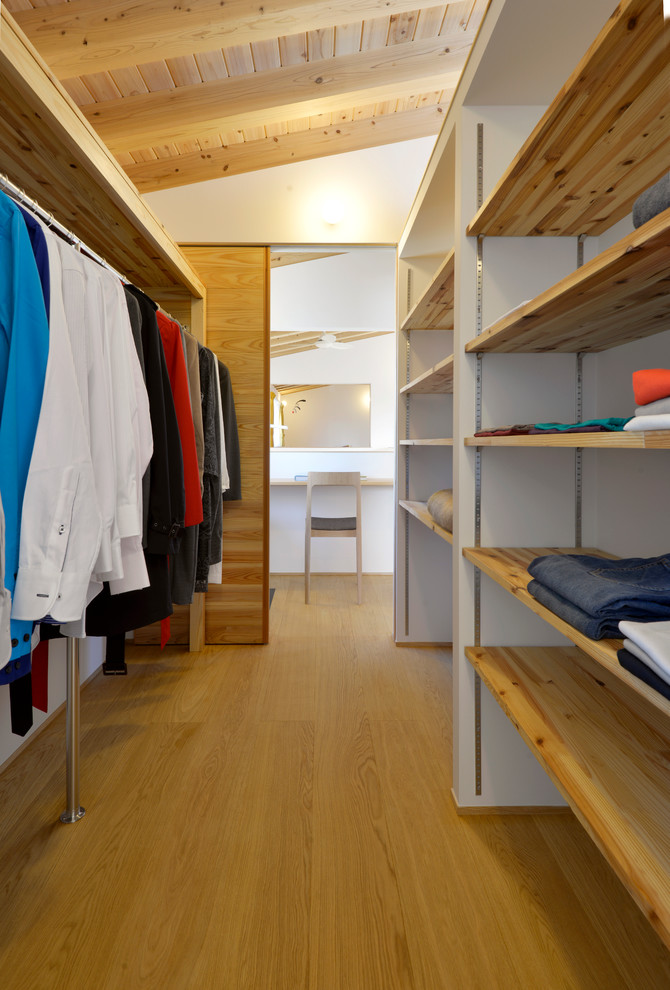 Idee per uno spazio per vestirsi minimalista con nessun'anta, ante in legno chiaro, parquet chiaro e pavimento beige