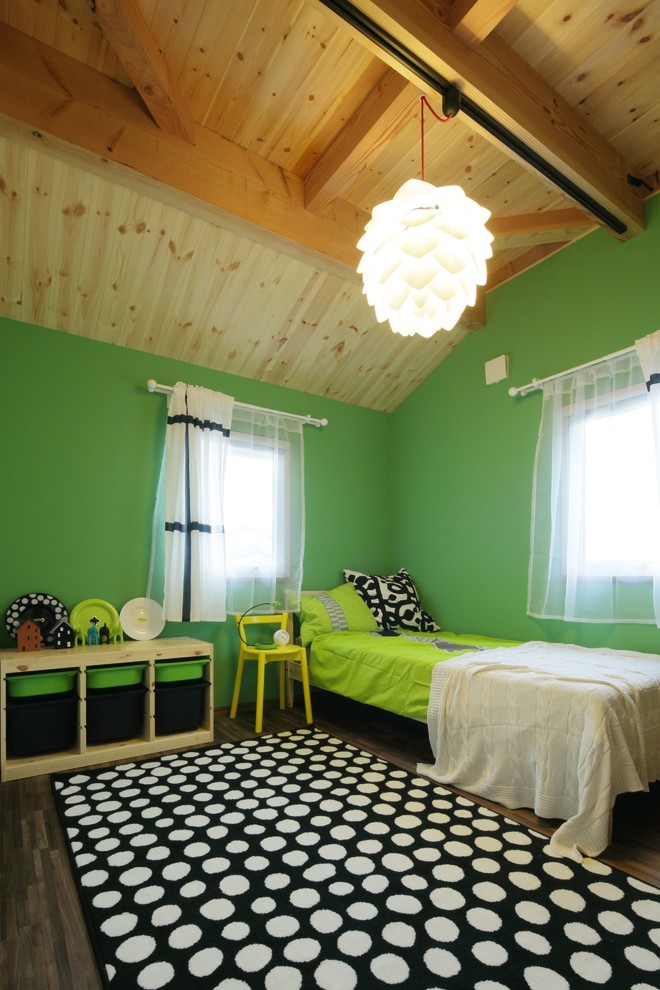 Aménagement d'une chambre d'enfant scandinave avec un mur vert et parquet foncé.