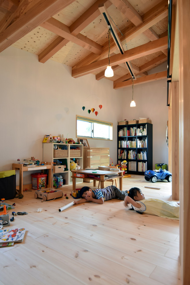 На фото: нейтральная детская среднего размера в современном стиле с белыми стенами, светлым паркетным полом, бежевым полом, балками на потолке и обоями на стенах