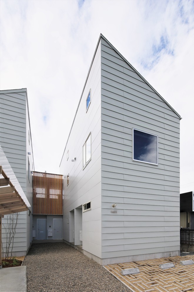Small and white world-inspired two floor flat in Other with metal cladding, a lean-to roof and a metal roof.