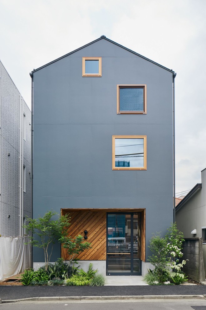 Cette photo montre une petite façade de maison grise moderne avec boîte aux lettres.