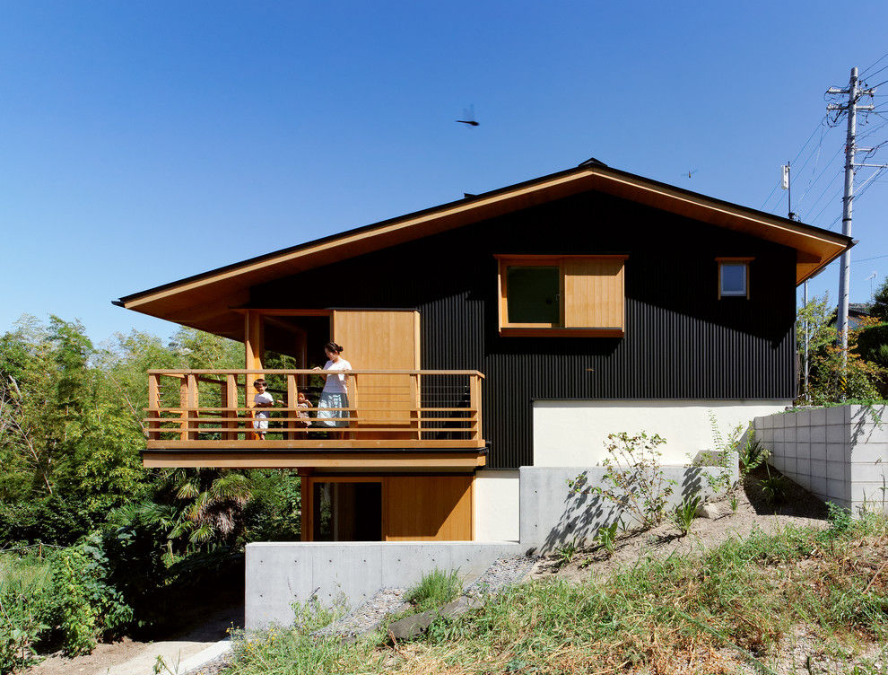 Стильный дизайн: двухэтажный, черный дом в восточном стиле с комбинированной облицовкой и двускатной крышей - последний тренд