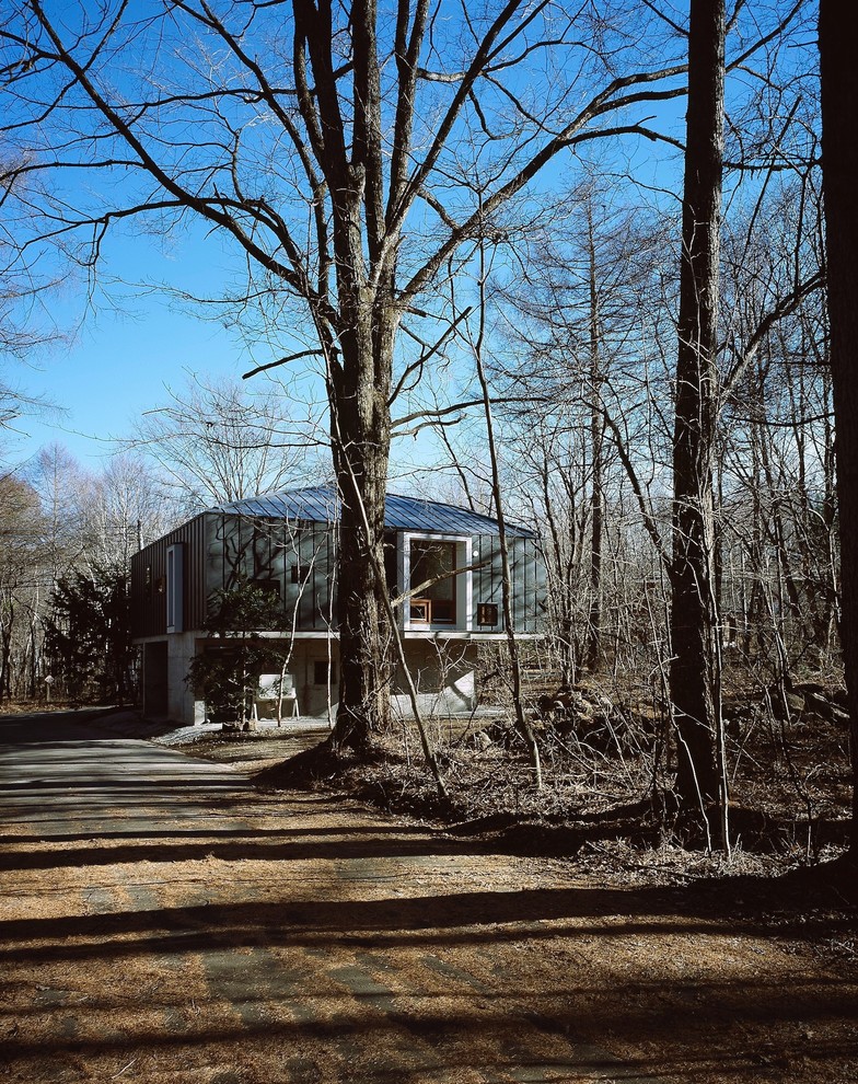 Пример оригинального дизайна: маленький, двухэтажный, черный частный загородный дом в стиле модернизм с облицовкой из металла, вальмовой крышей и металлической крышей для на участке и в саду