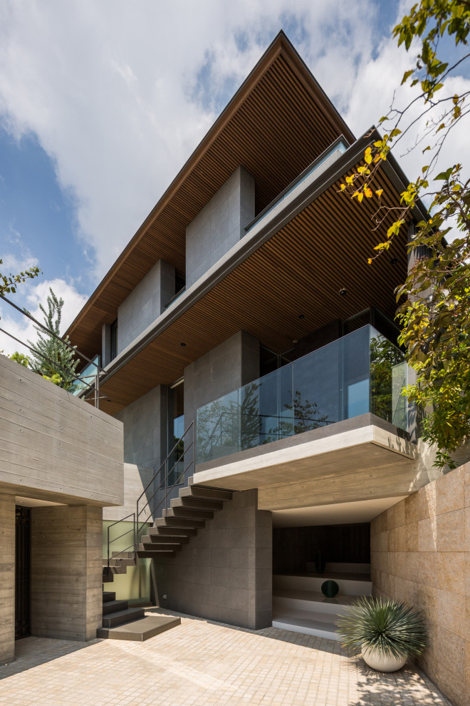 Cette photo montre une grande façade de maison grise tendance à un étage avec un toit en métal et un toit en appentis.