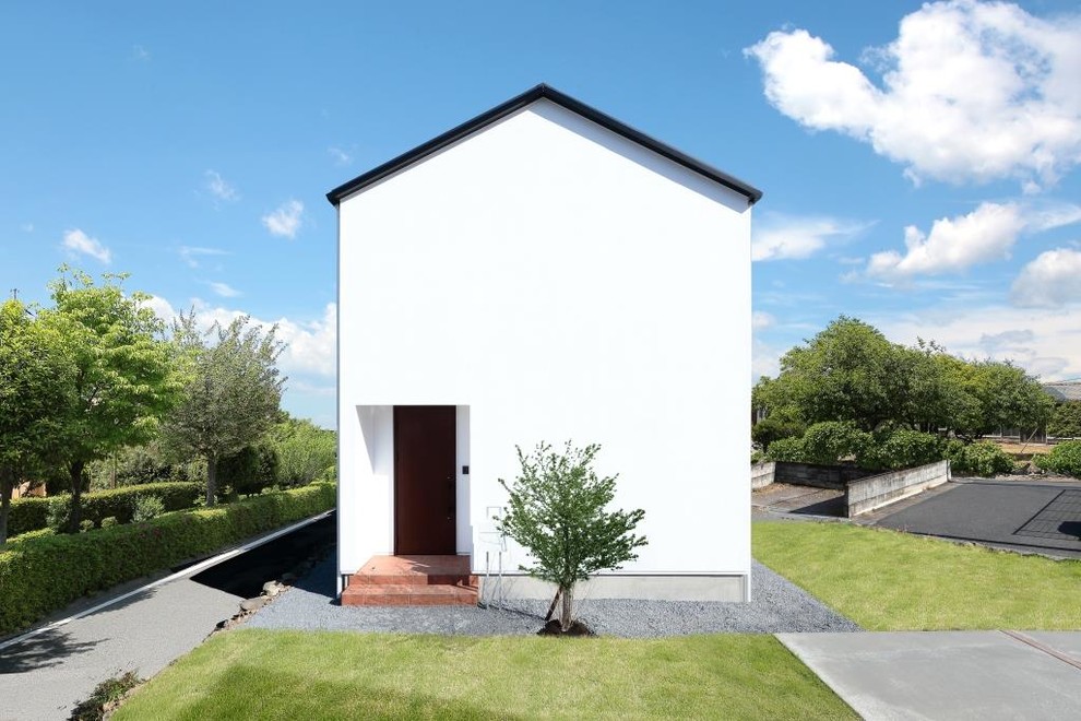 Стильный дизайн: двухэтажный, белый частный загородный дом в стиле модернизм с облицовкой из цементной штукатурки, двускатной крышей и крышей из смешанных материалов - последний тренд