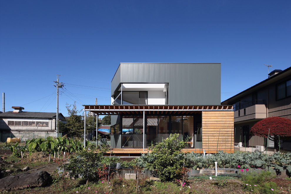 Foto della villa verde contemporanea a due piani con rivestimento in metallo e tetto piano