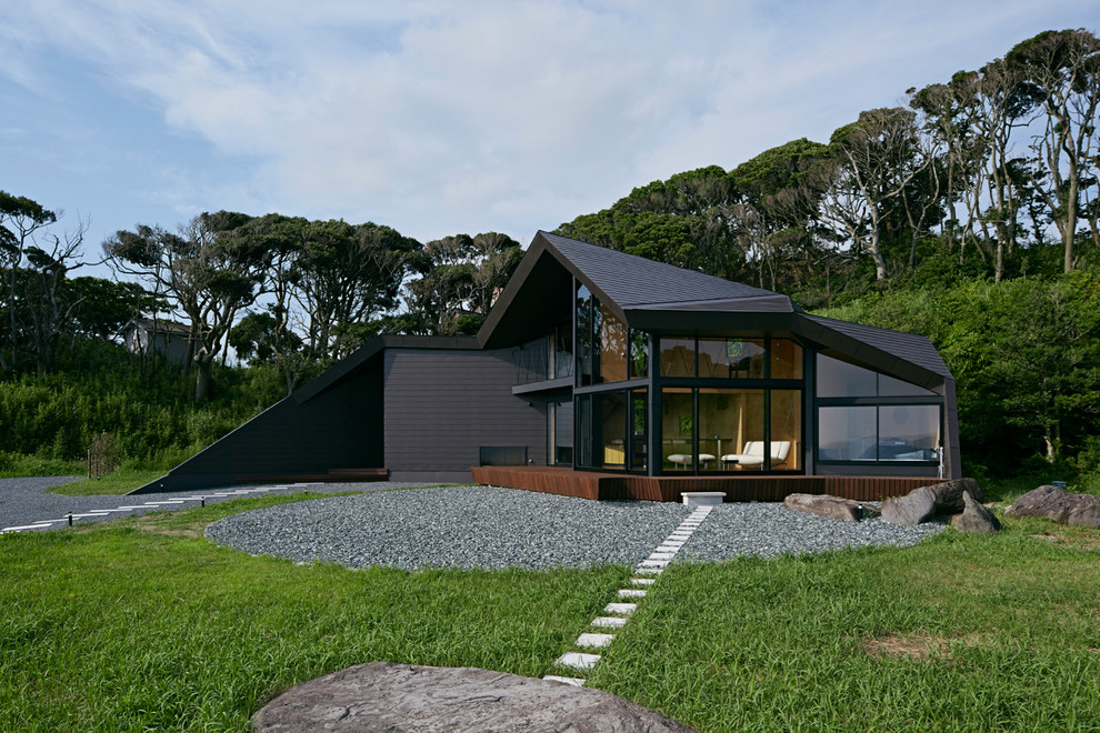 Пример оригинального дизайна: черный дом в современном стиле с комбинированной облицовкой и двускатной крышей