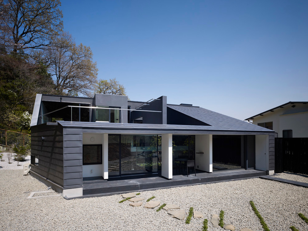 Cette image montre une façade de maison grise design de taille moyenne et à un étage avec un toit en métal et un toit gris.