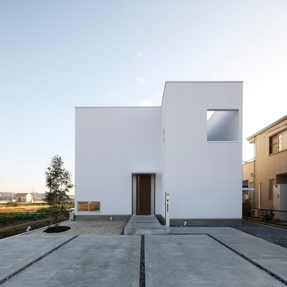 Идея дизайна: двухэтажный, белый частный загородный дом среднего размера в стиле модернизм с комбинированной облицовкой, односкатной крышей и металлической крышей