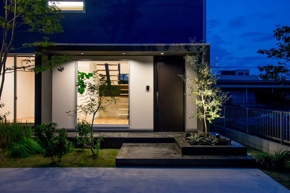 Cette image montre une façade de maison bleue minimaliste avec un toit en appentis et un toit en métal.