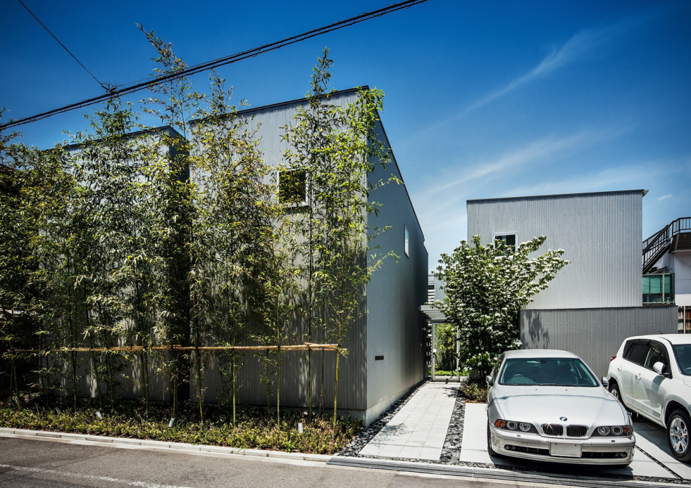 Idee per la facciata di una casa a due piani con rivestimento in metallo e copertura in metallo o lamiera