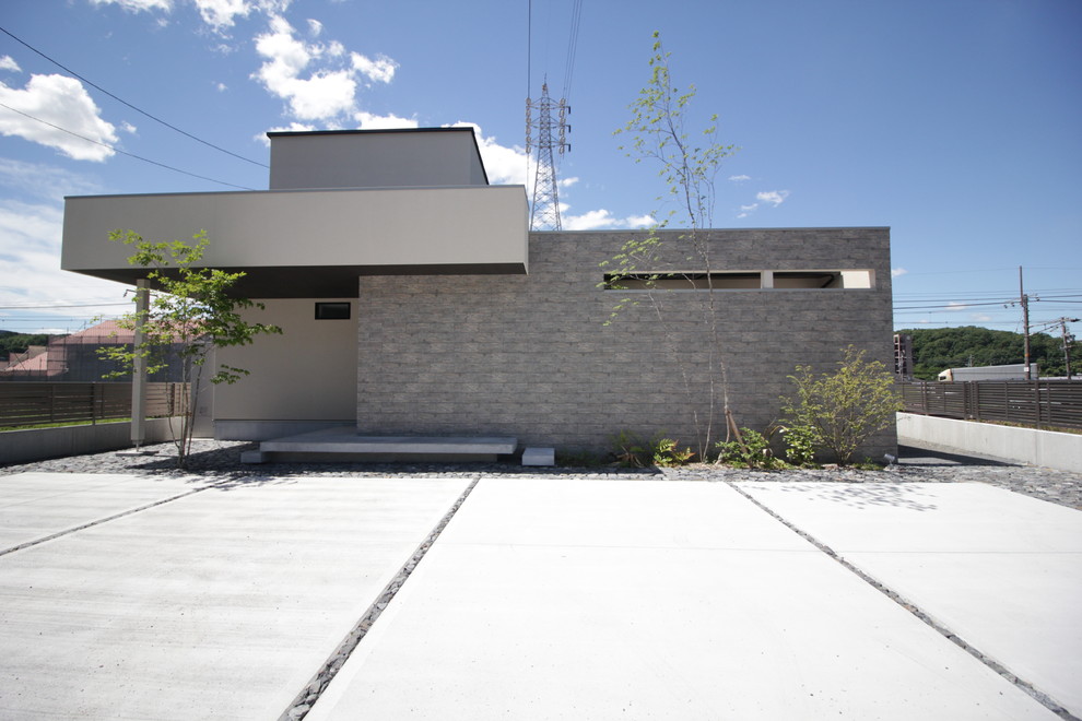 Modelo de fachada gris actual con tejado plano