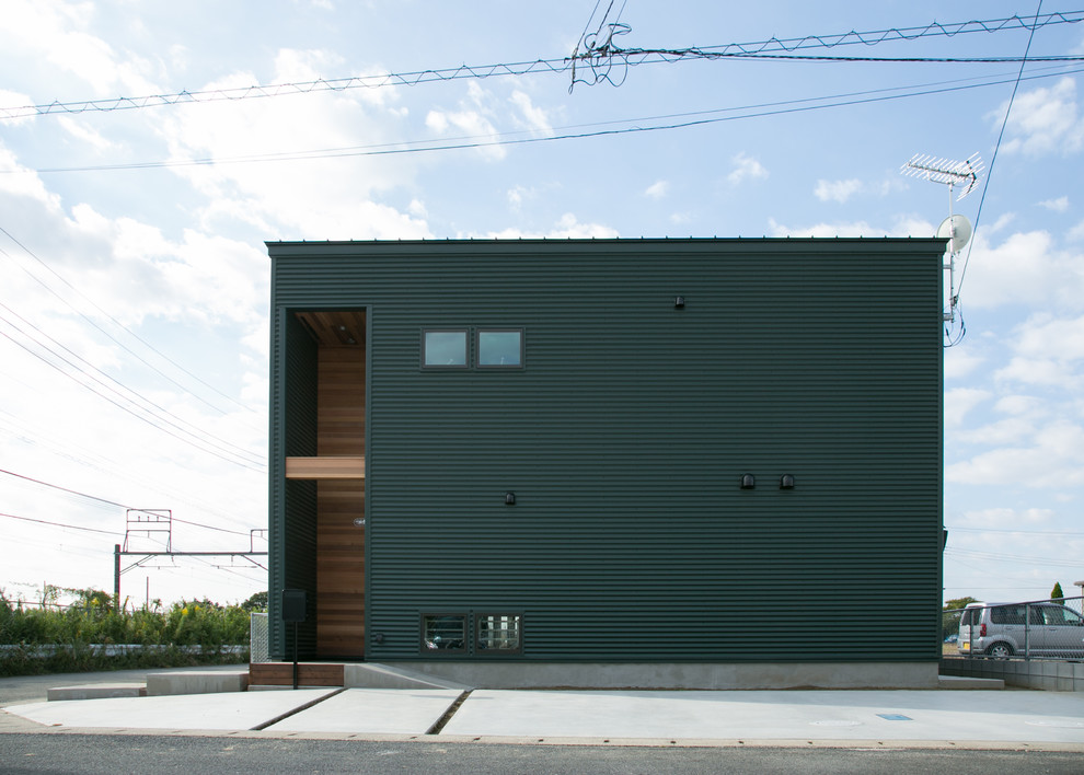 Aménagement d'une façade de maison verte moderne à un étage avec un toit en appentis et un toit en métal.