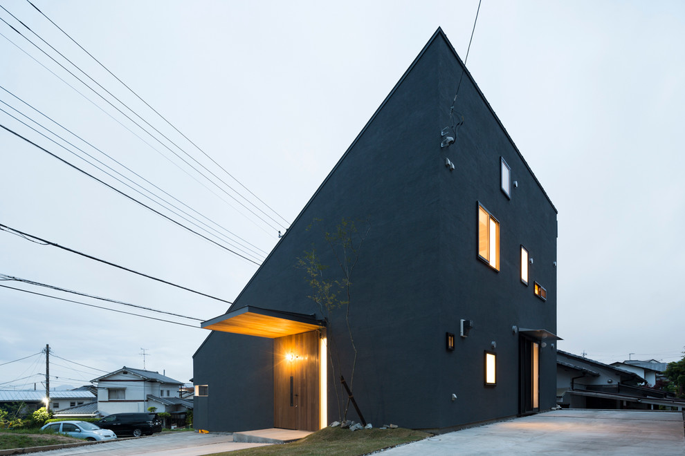 Réalisation d'une façade de maison noire design avec un toit en appentis.