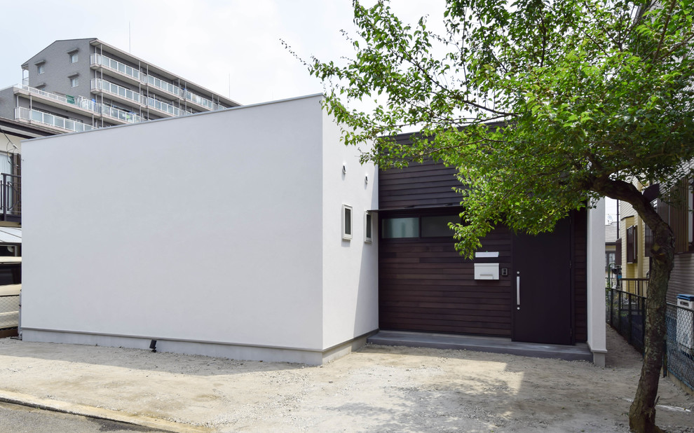 Réalisation d'une façade de maison blanche minimaliste de plain-pied avec un toit plat, un revêtement mixte et boîte aux lettres.