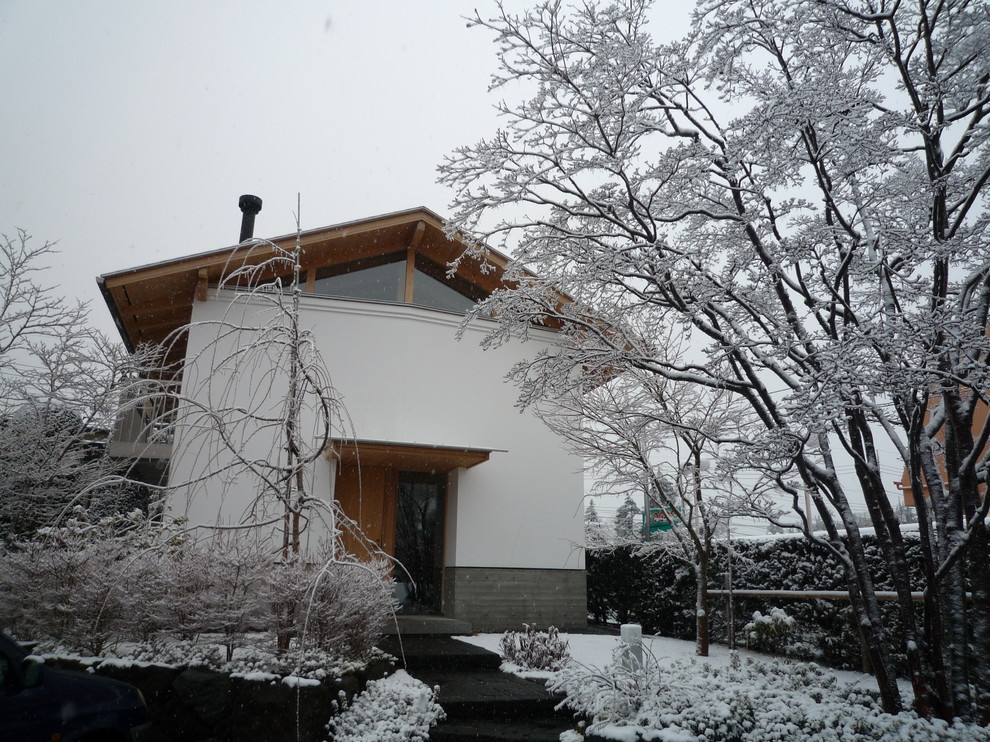 Modelo de fachada blanca asiática con tejado a dos aguas