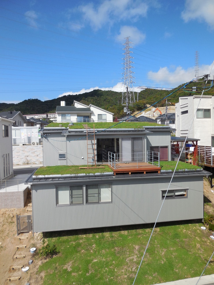 他の地域にあるコンテンポラリースタイルのおしゃれな一戸建ての家 (緑化屋根) の写真