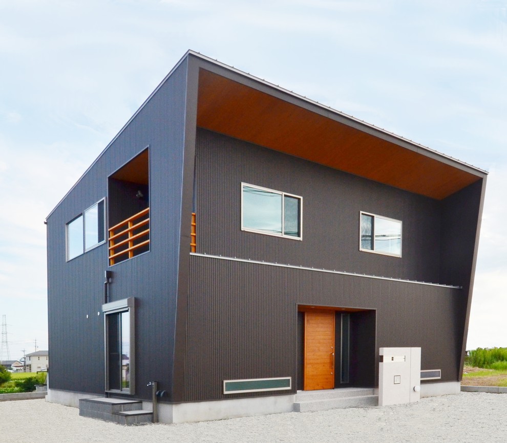 Aménagement d'une façade de maison noire contemporaine avec un toit en appentis.