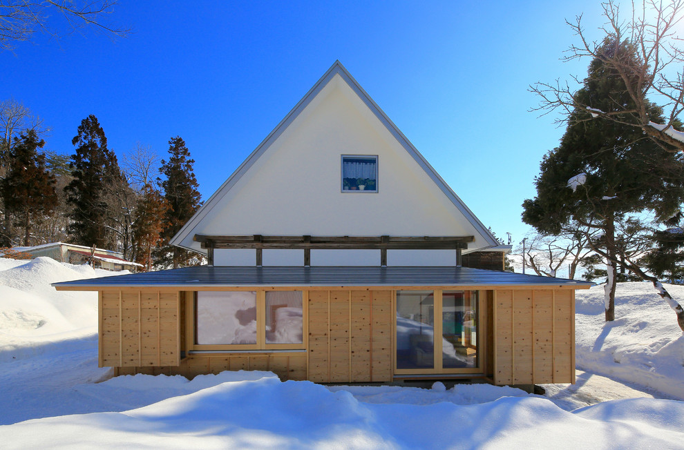 Zweistöckiges Asiatisches Einfamilienhaus mit Mix-Fassade, bunter Fassadenfarbe, Satteldach und Blechdach in Sonstige