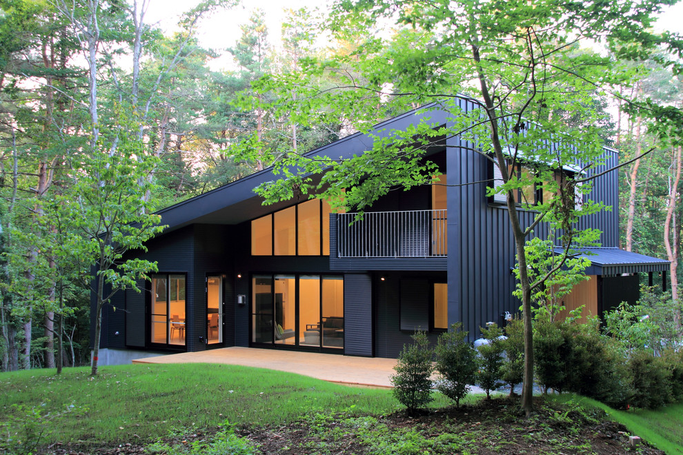 Cette photo montre une façade de maison grise moderne de taille moyenne et à un étage avec un toit en appentis et un toit en métal.