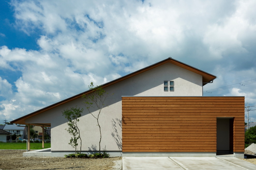 Diseño de fachada gris de estilo zen con tejado de un solo tendido